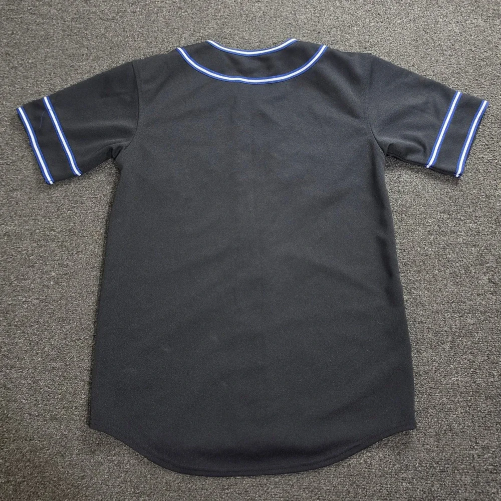 True Fan Mets Baseball Jersey Kids Large 12-14 Black MLB Button Black Blue